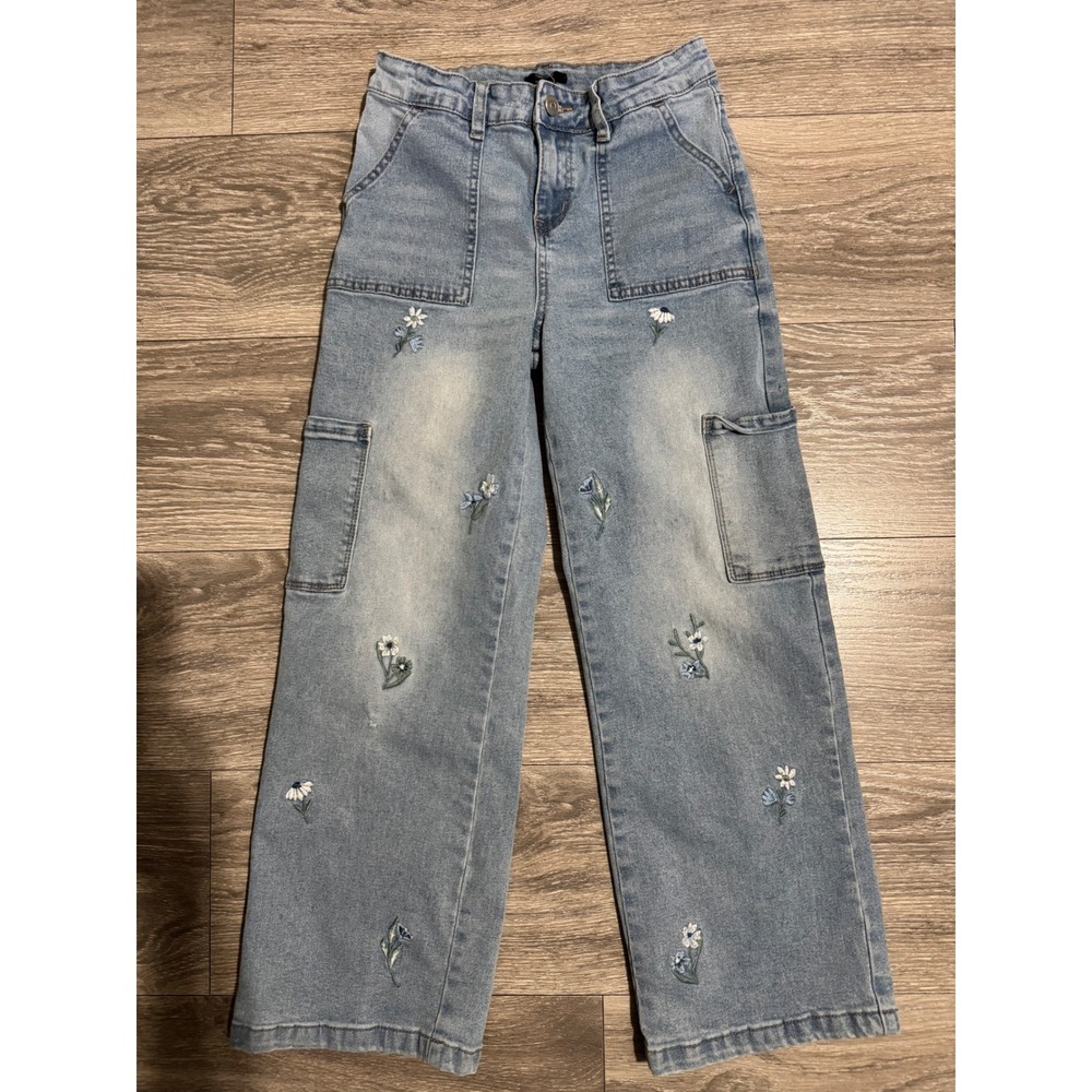 Y2K Kids Girl Floral Embroidered Cargo Wide‎ Leg Jeans Light Wash Size 11/12
